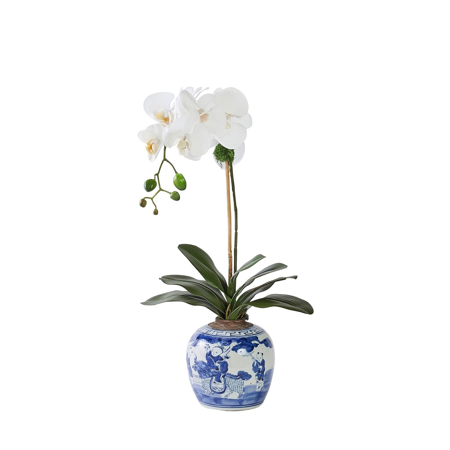 Single White Faux Orchid Plant in Chinoise Vase