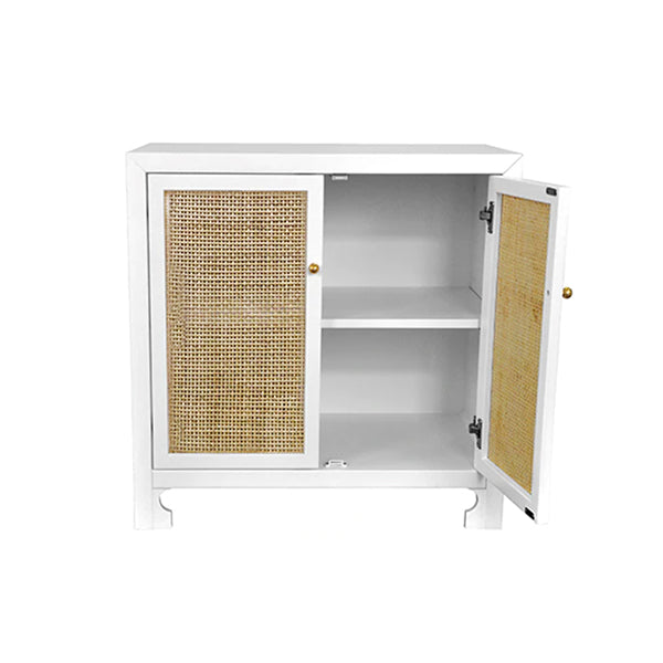 Open Woven Screen Door on White Bianca Cabinet with One Shelf