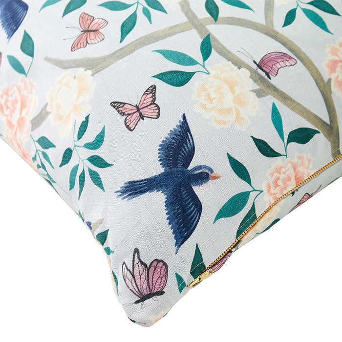 Bird and Butterfly Detail on Soft Blue Chinoiserie Pillow