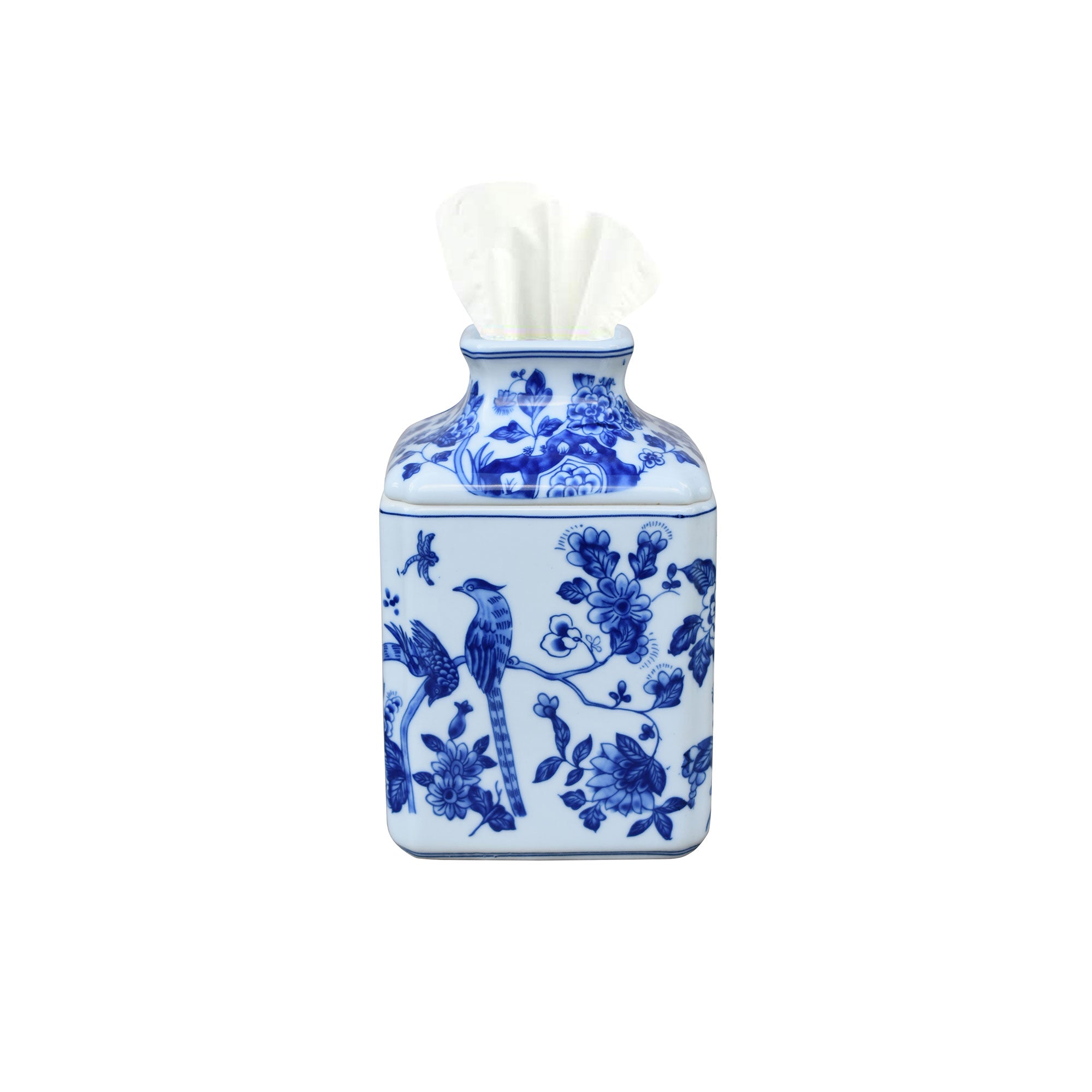 Square Birds & Blossoms Tissue Holder in Blue & White