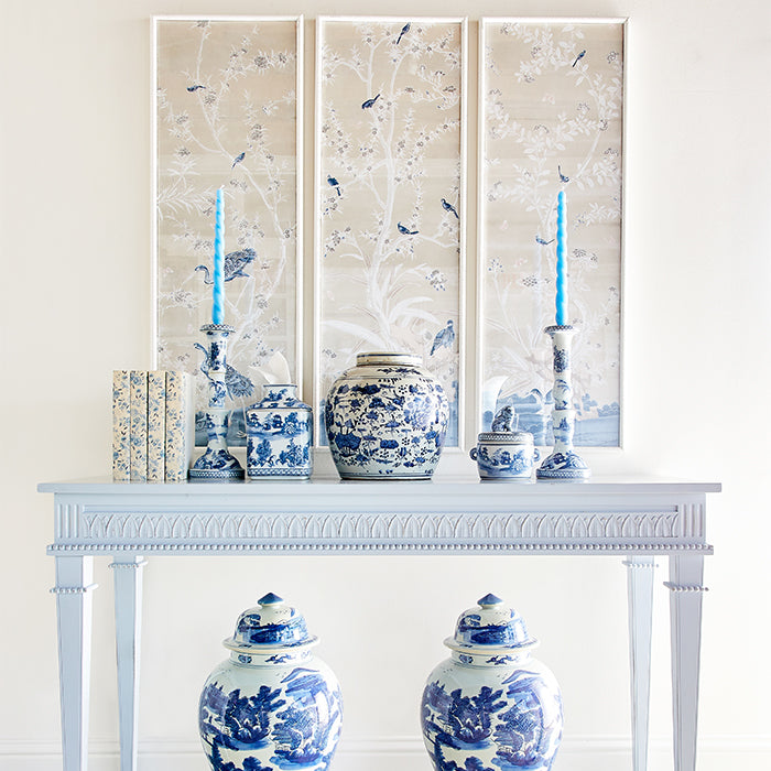 Blue and White Canton Candle Holders on Console Table