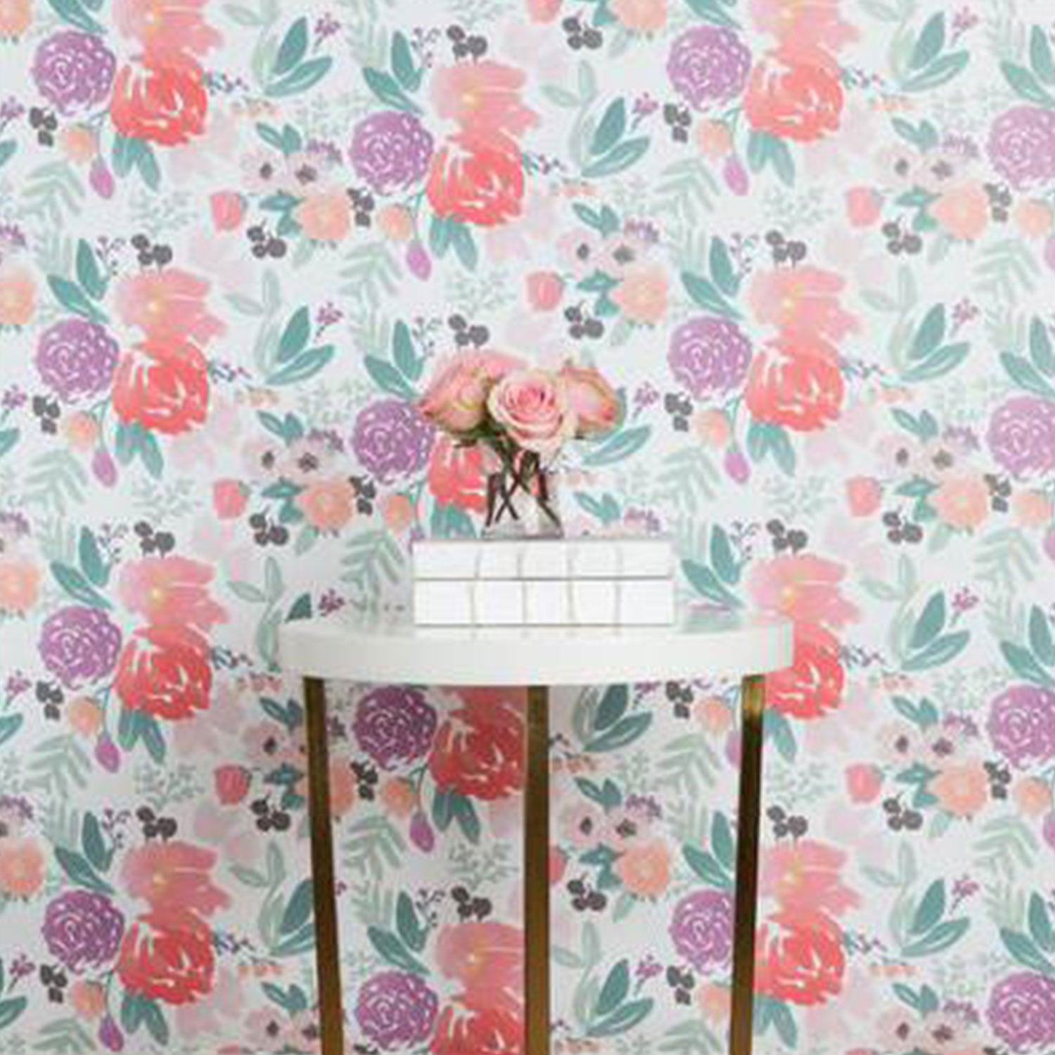 Blooms Petite in White Watercolor Floral Wallpaper on Wall