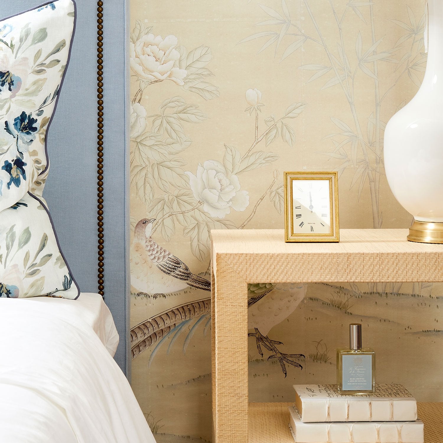 Vincennes in Cream Chinoiserie Wallpaper Mural on Bedroom Wall
