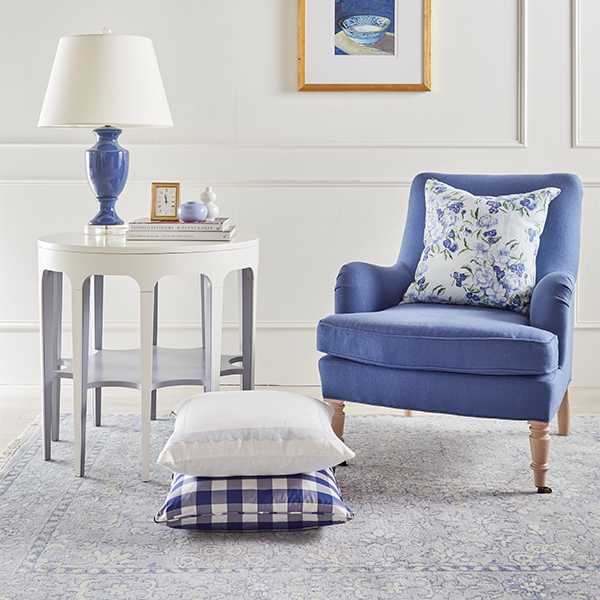 Emma Rug in Soft Blue with Coordinating Pillows