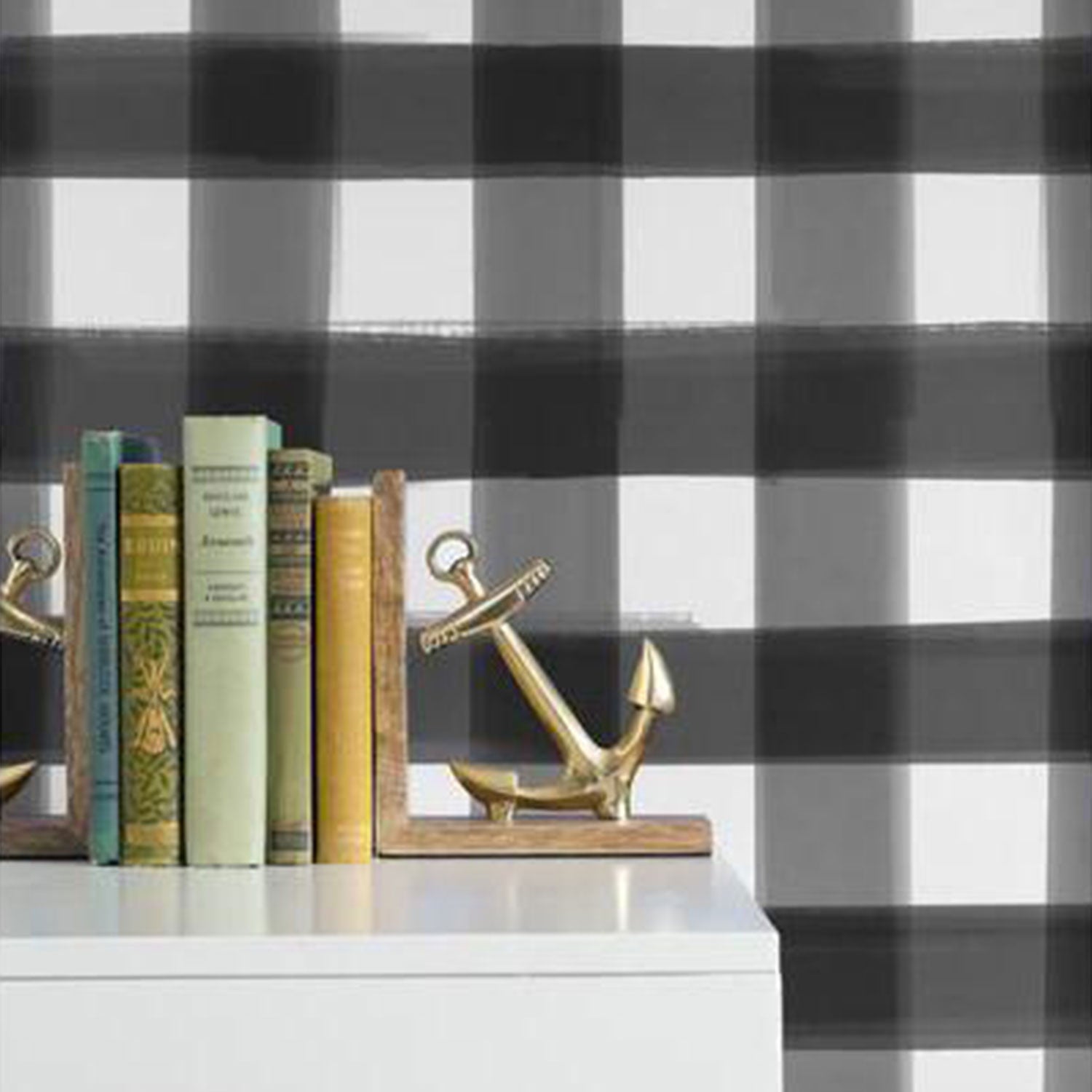 Burnside Buffalo Check in Black Wallpaper Behind Bookshelf