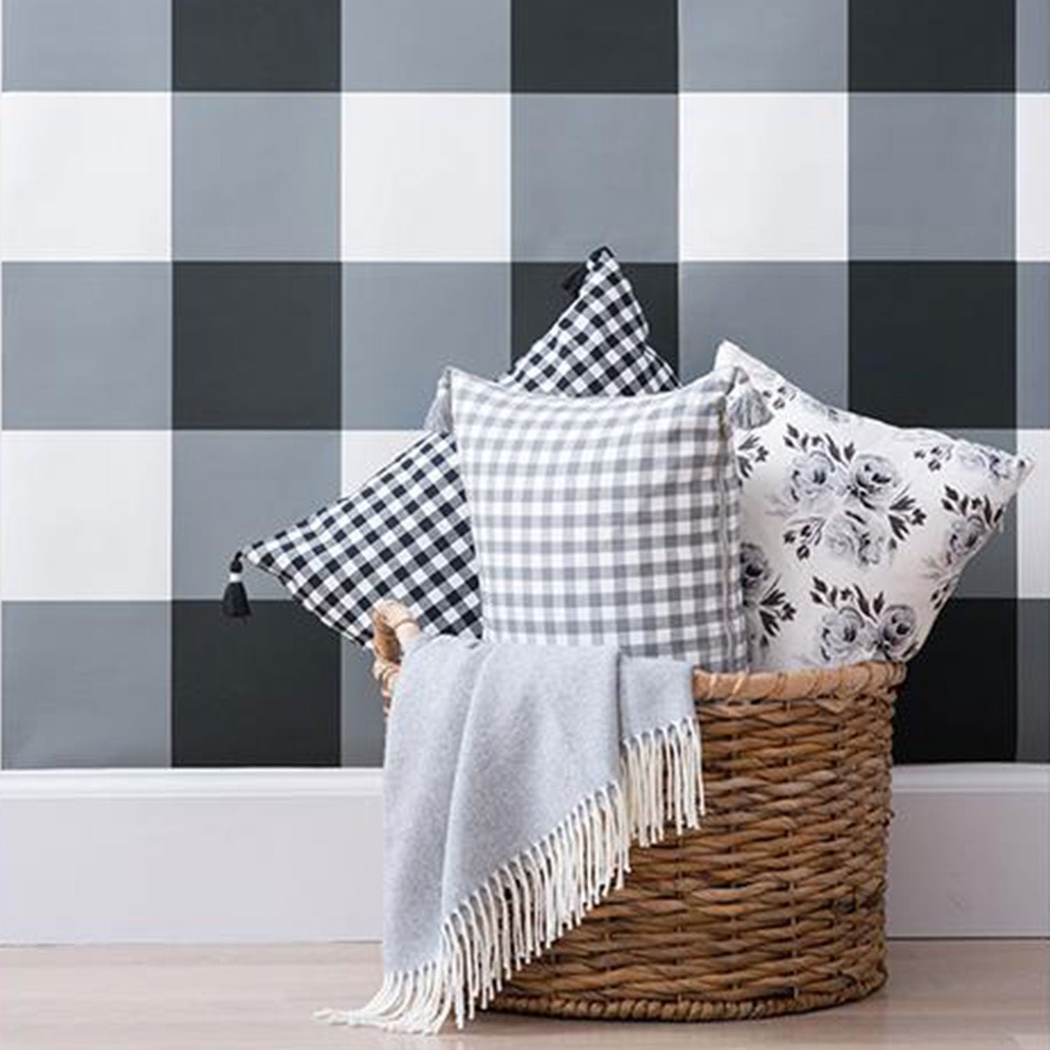 Grey Gingham Pillow with Tassels in Basket
