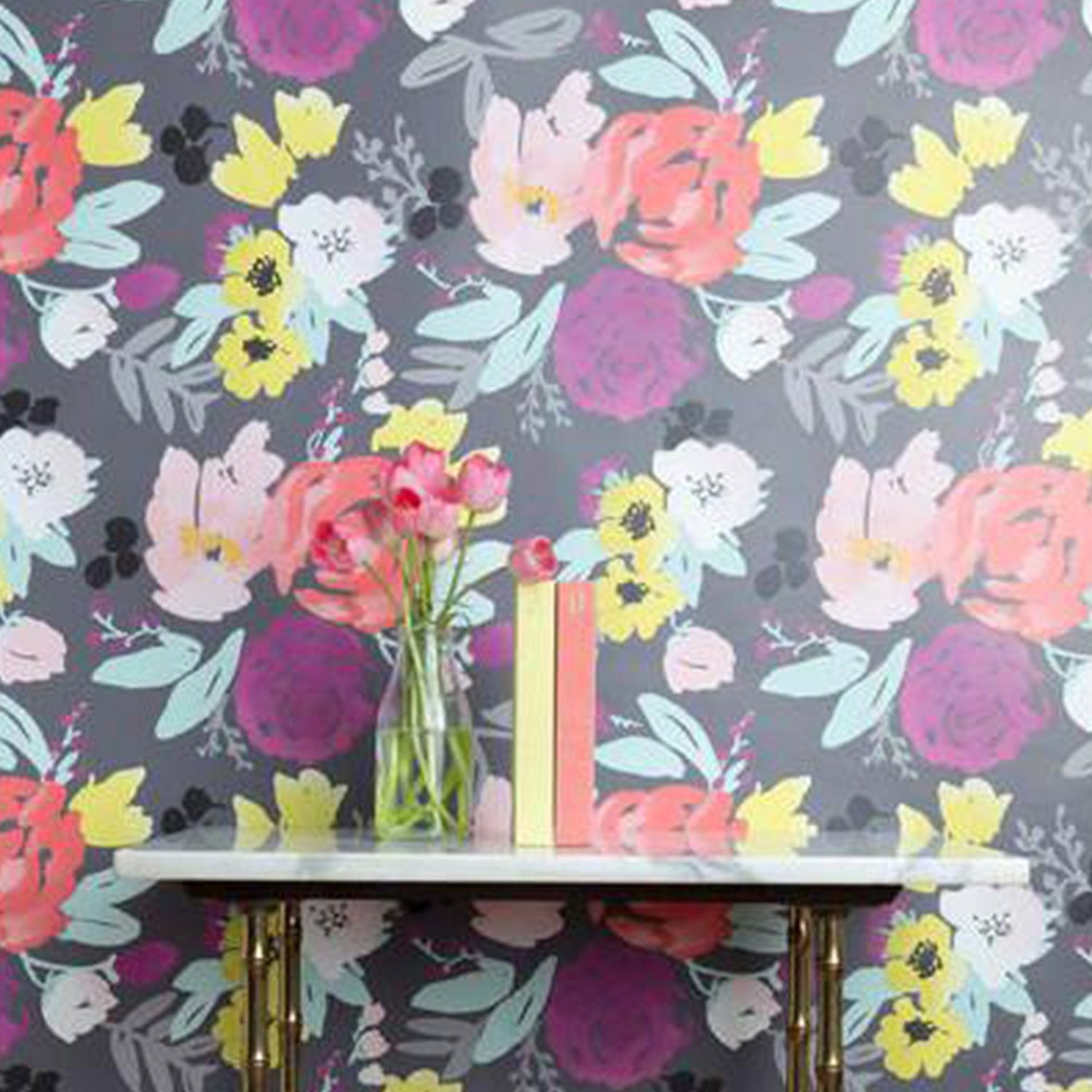 Blooms Grande in Grey Floral Wallpaper on Wall