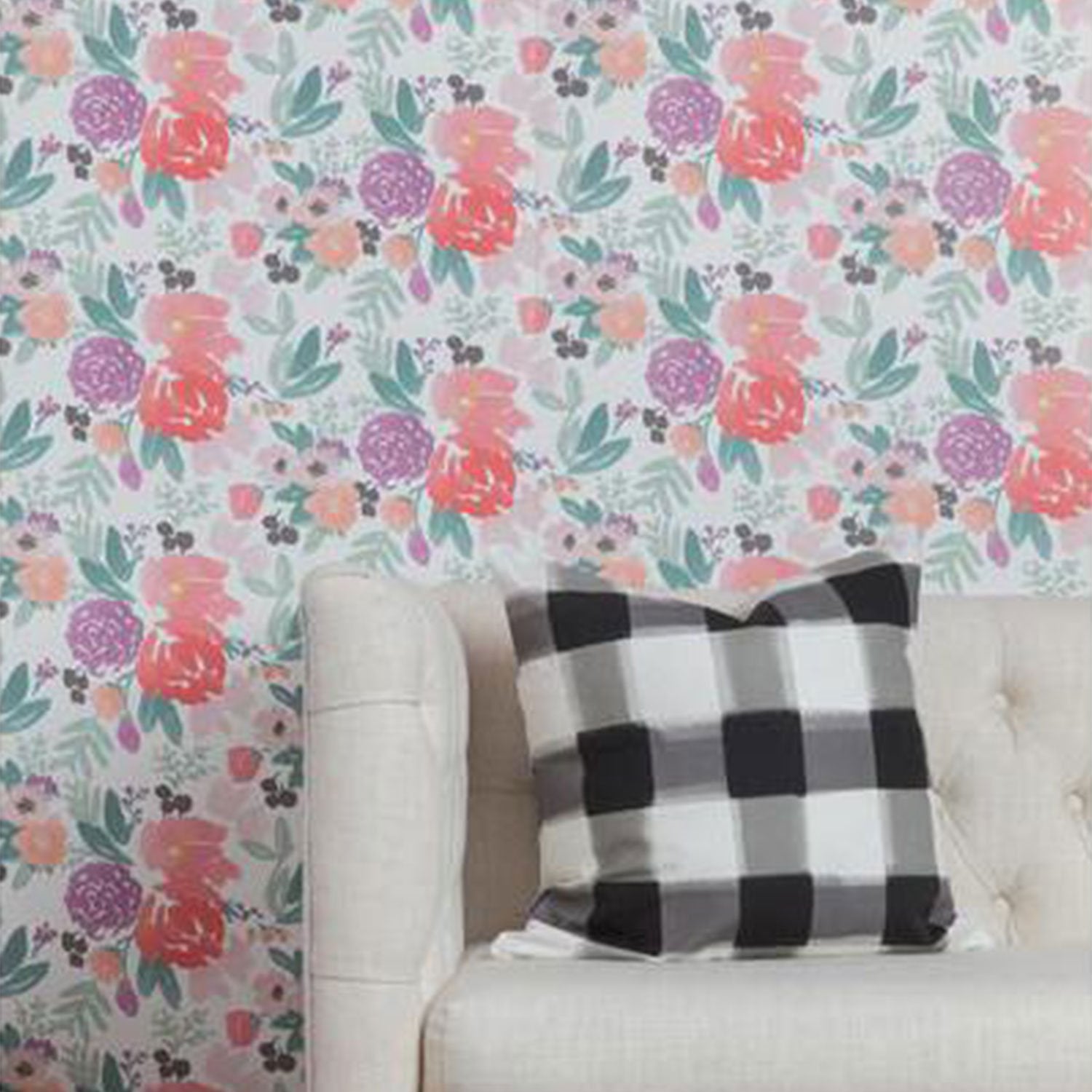 Blooms Petite in White Watercolor Floral Wallpaper in Room