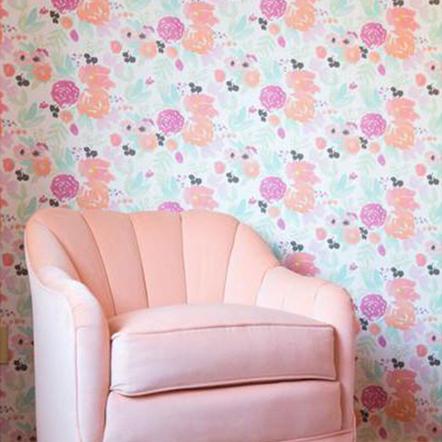 Watercolor Botanicals Pastel Blooms Petite in White Wallpaper in Room