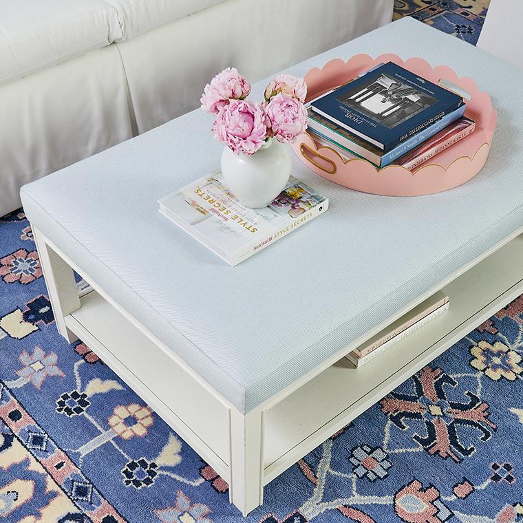 Cece Scalloped Tray in Blush on Coffee Table