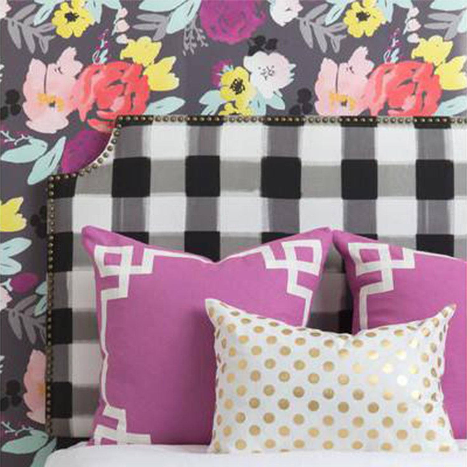 Blooms Grande in Grey Bold Colorful Wallpaper in Bedroom