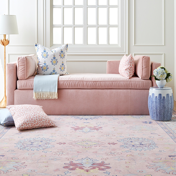 Ankara Pastel Rug with Pink Sofa