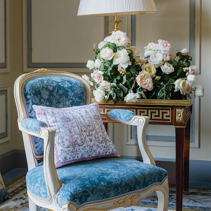 Pink Toile de Jouy Satin Pillow in Blue Chair