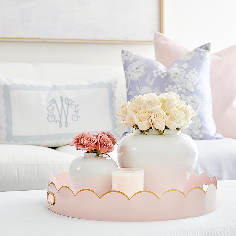 Cece Scalloped Platter Tray in Blush Pink with Gold Edges