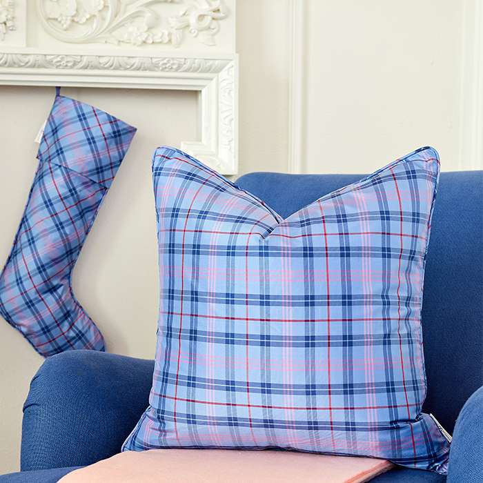 Blue Silk Prescott Plaid Throw Pillow