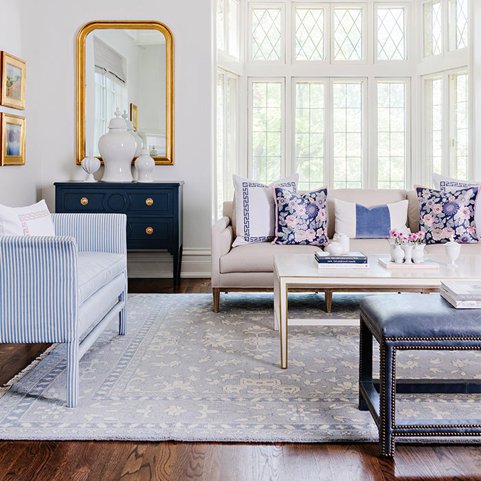 Velvet Broad Eventide Blue Stripe Pillow in Living Room