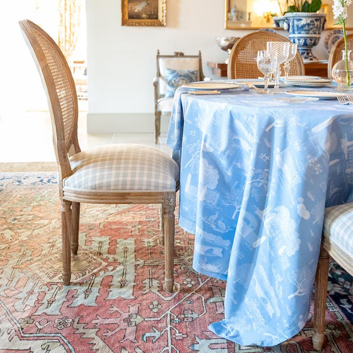 French Blue Bluet Provence Toile Tablecloth on Table in Dining Room