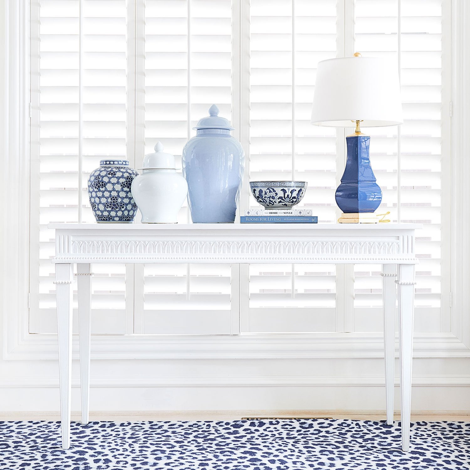 Camilla Console Table in White with Decorative Jars