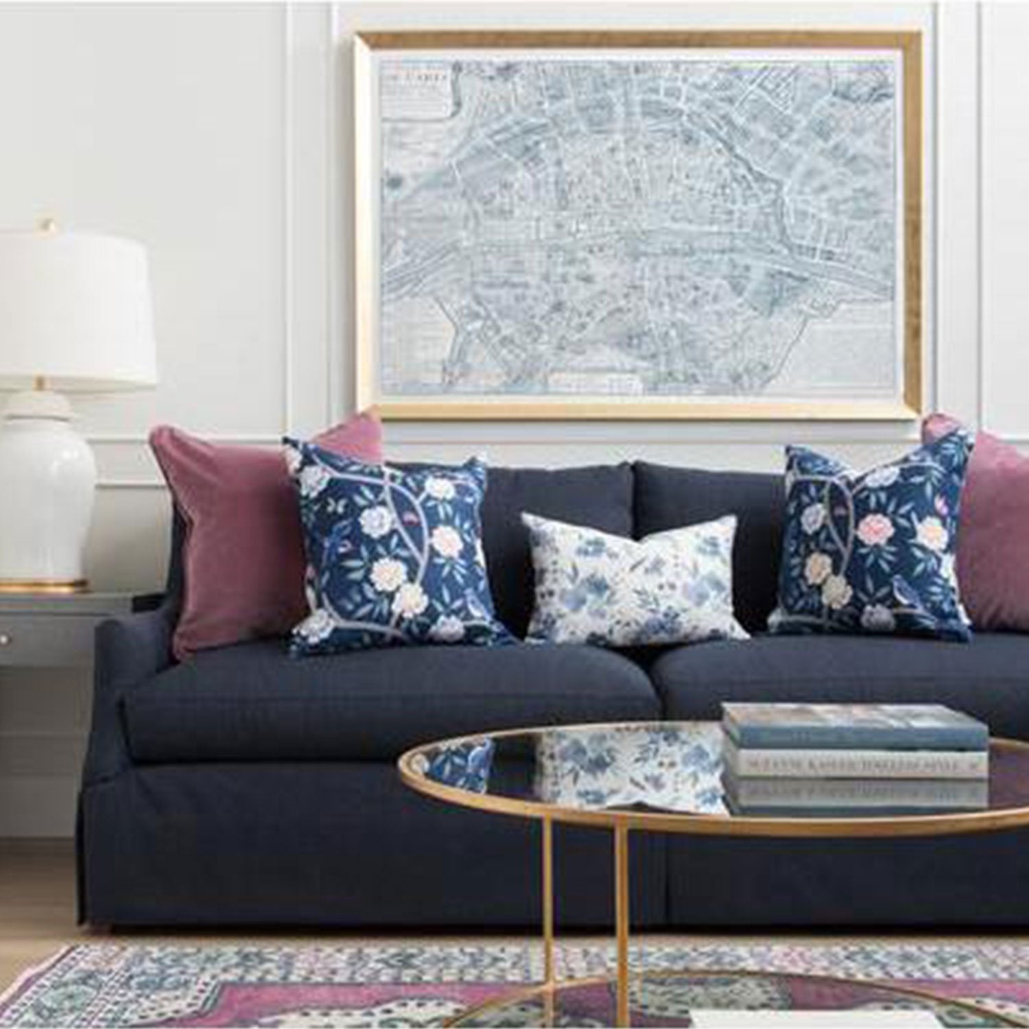 Rowan Sofa in Herringbone Navy in Classic Living Room