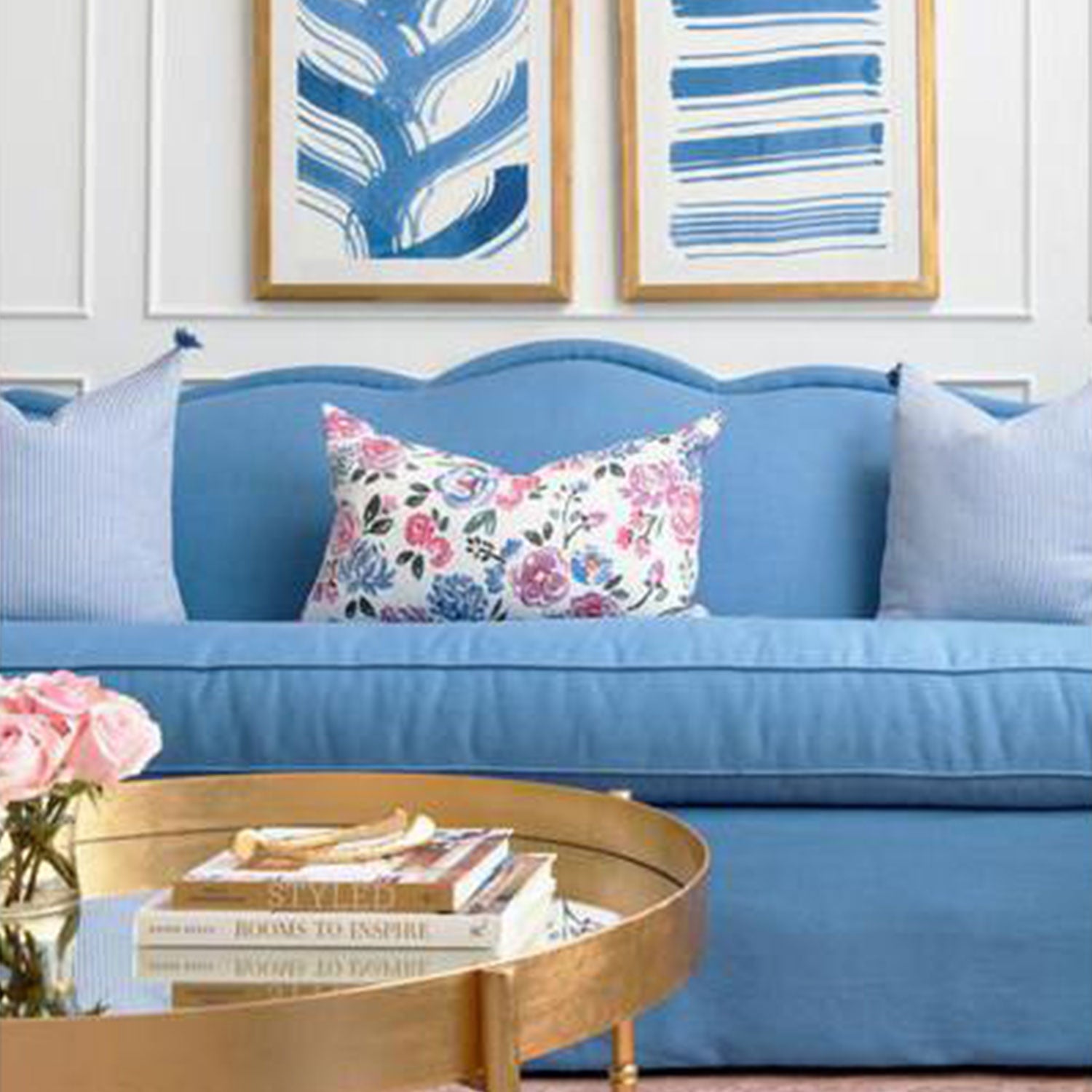 Kennedy Blue Sofa with Curved Back in Living Room