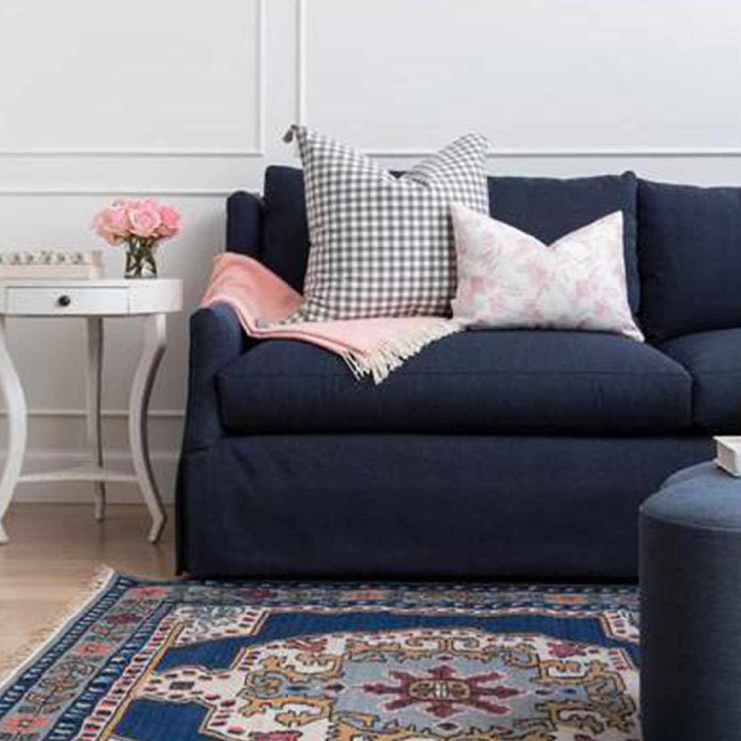 Rowan Sofa in Herringbone Navy with Coordinating Throw Pillows and Blanket