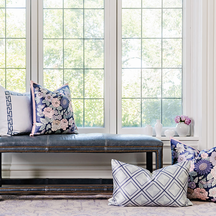 Anna Navy Blue Leather Bench Styled in Living Room