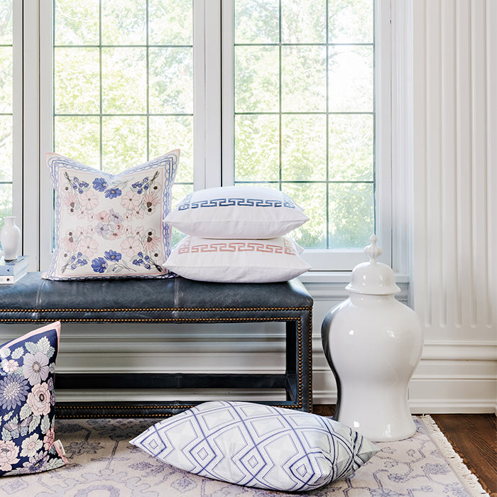 Anna Navy Blue Leather Bench in Front of Window