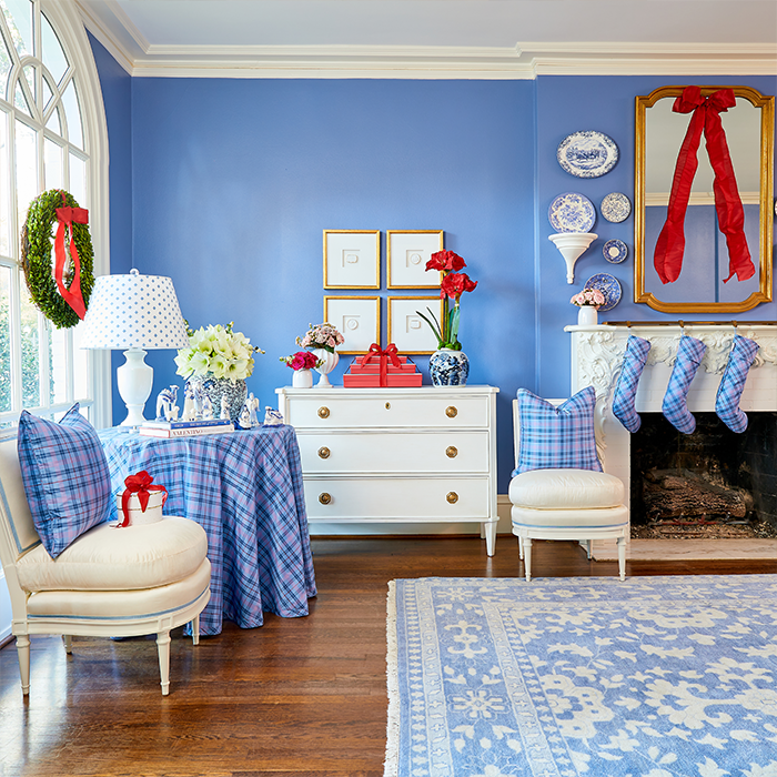 Festive Living Room with Emma Area Rug in French Blue