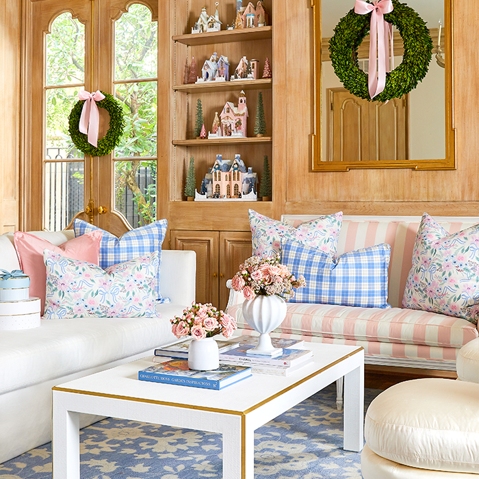Porcelain Plaid in Silk Pillows in Living Room