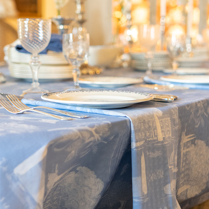 Bluet Provence Toile Napkins and Table Cloth on Dining Table