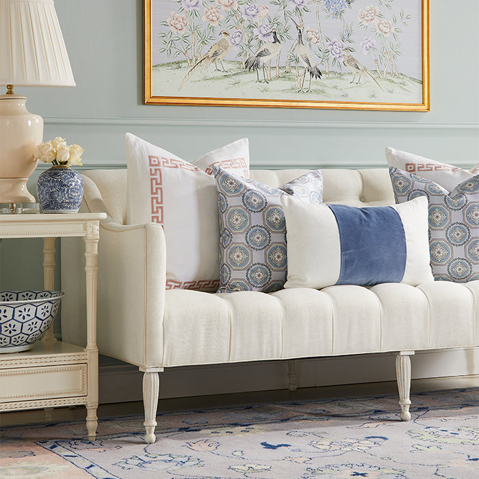 Transitional White Begonia Settee in Living Room