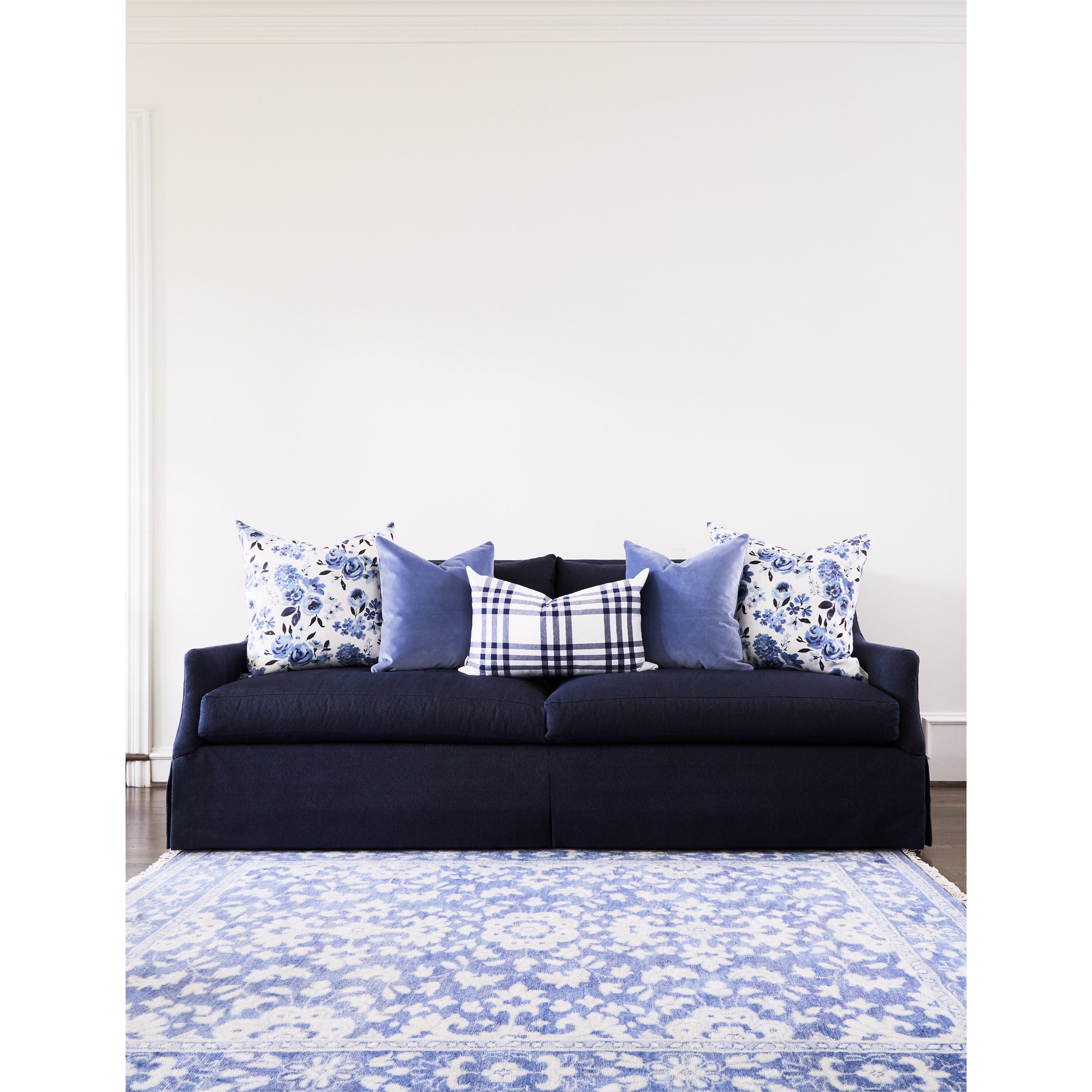 Rowan Sofa in Herringbone Navy with Throw Pillows