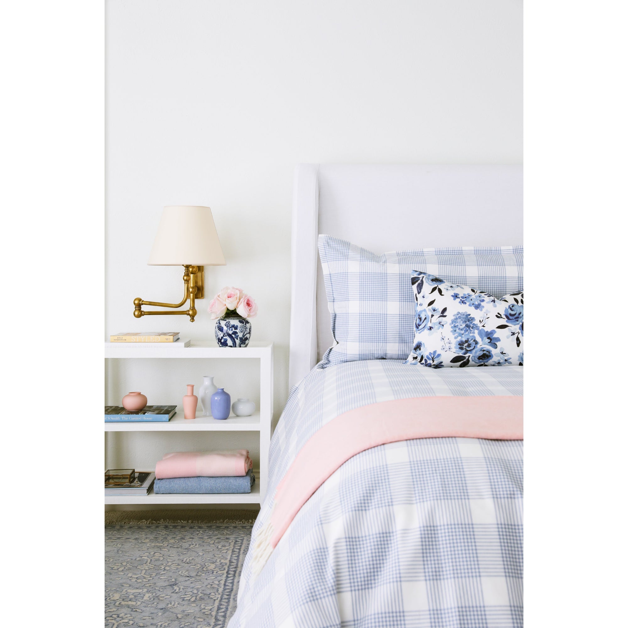 Blue Highland Floral Pillow with Plaid Bedding