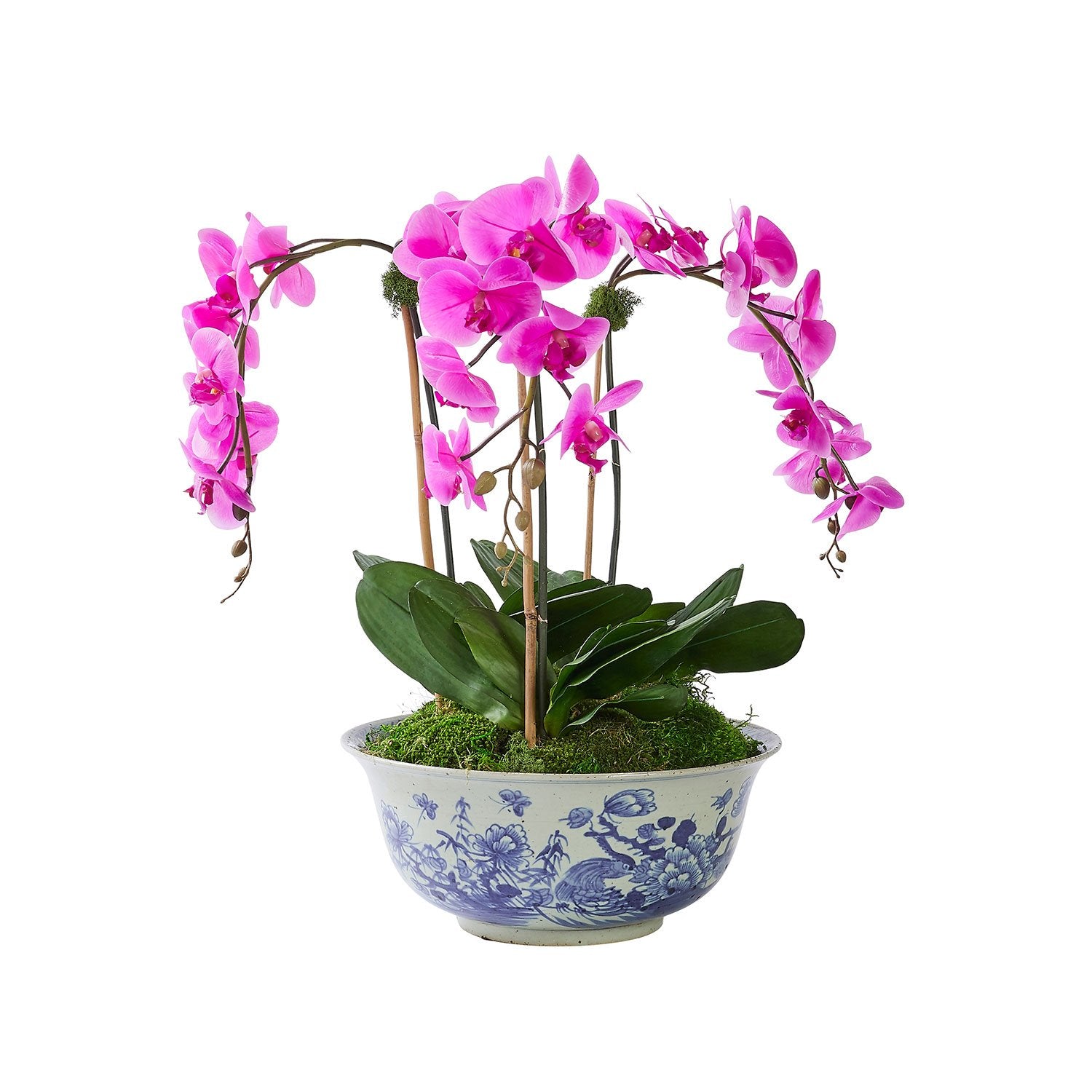 Faux Triple Fuchsia Orchid in Traditional Ceramic Oiseau Bowl 