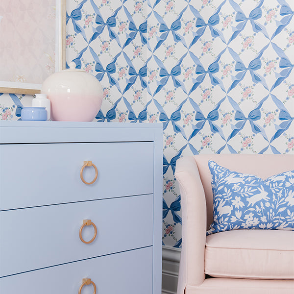 Floral Nursery with Airway Blue Aiden Dresser and Pink Chair