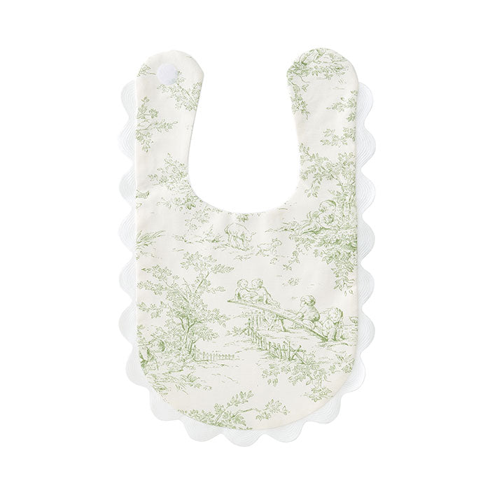 Green Vert Toile Baby Bib with Scallop Detailing