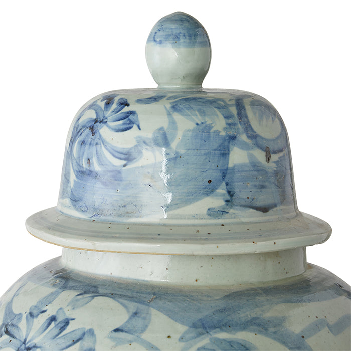 Lid of Watercolor Floral Temple Jar in Blue and White