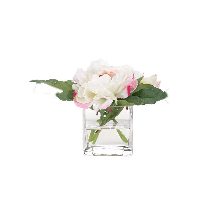 Faux Peony Flower in Square Glass Vessel