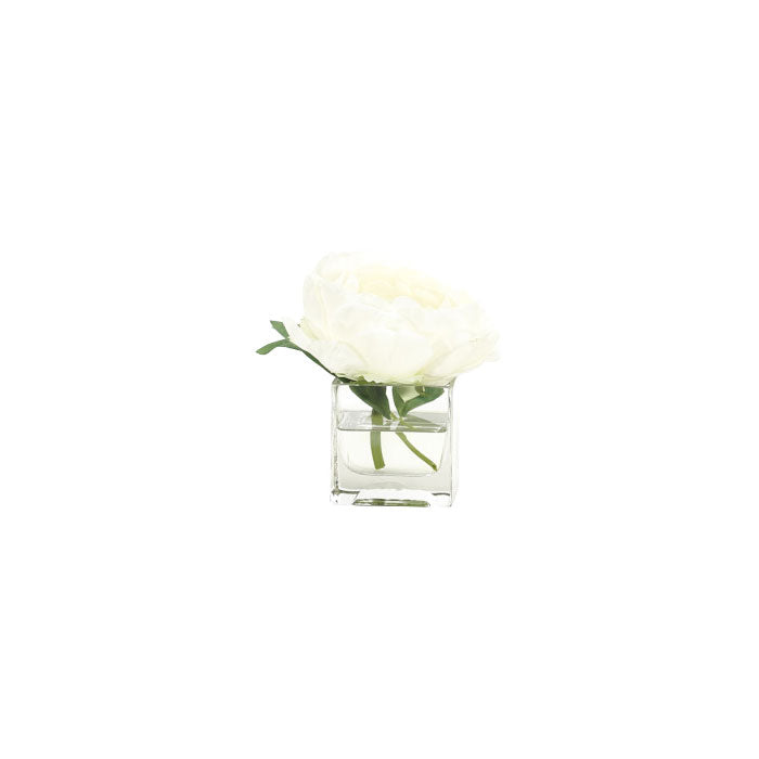 Small Artificial White Peony Rose in Square Vase