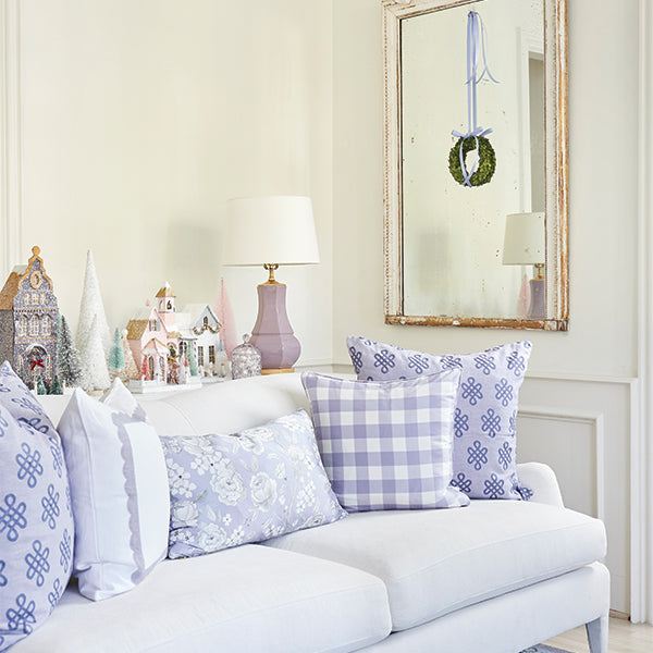 Nonogram Throw Pillows in Lilac on Sofa