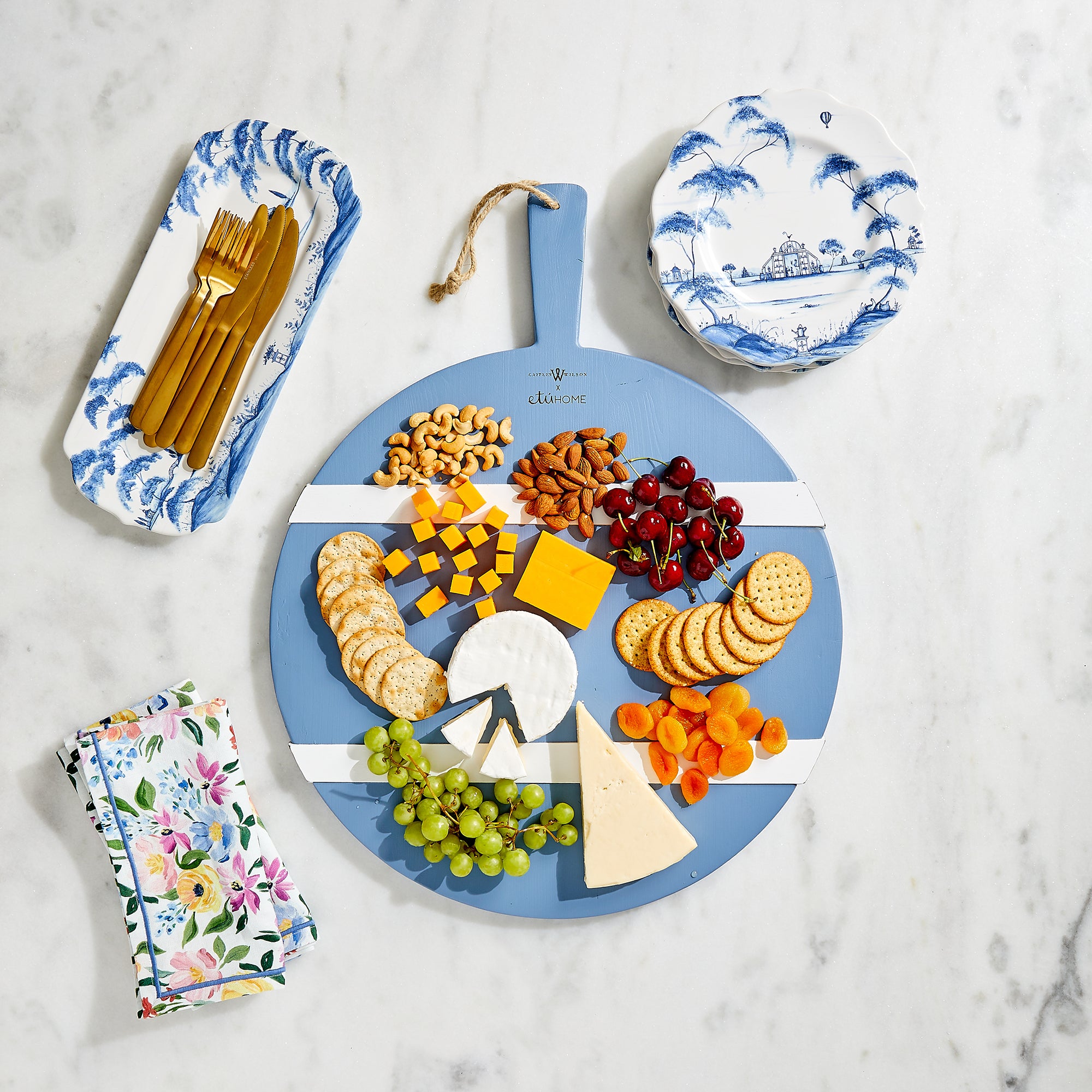 Medium Round Charcuterie Board in Blue & White