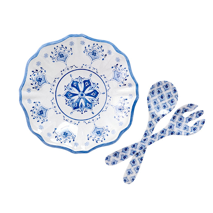 Blue and White Bistro Salad Bowl and Server Set Hostess Gift