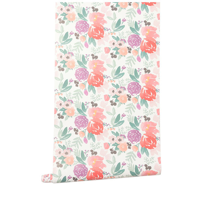 Blooms Petite in White Watercolor Floral Wallpaper on Roll