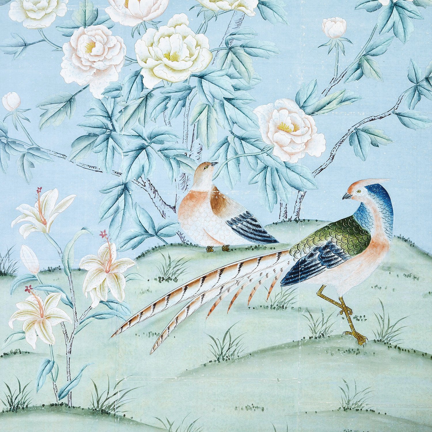 Bird and Floral Detail of Pierre in Robins Egg Blue Chinoiserie Mural Wallpaper