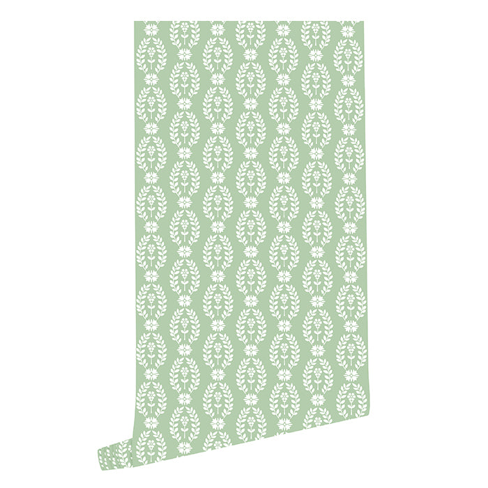 Laurel Green Geometric Floral Wallpaper on Roll