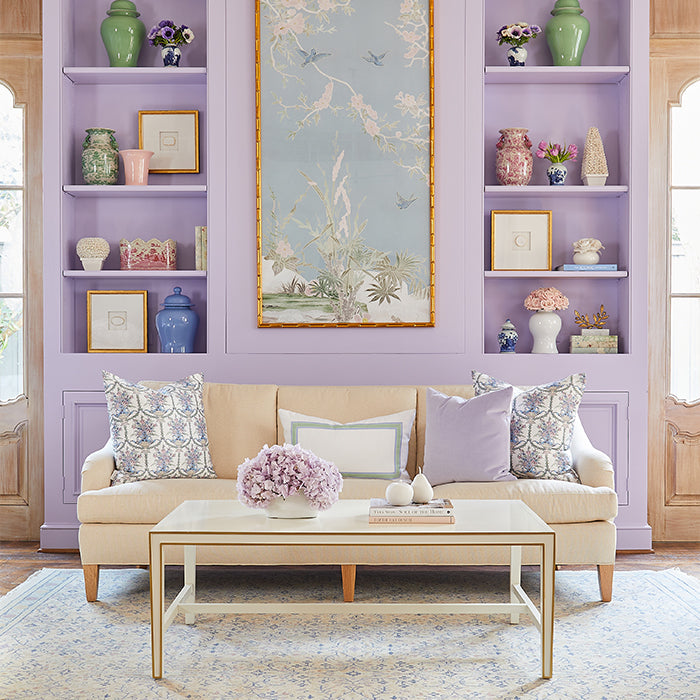 Lilac Velvet Pillow on Sofa in Purple Sitting Room