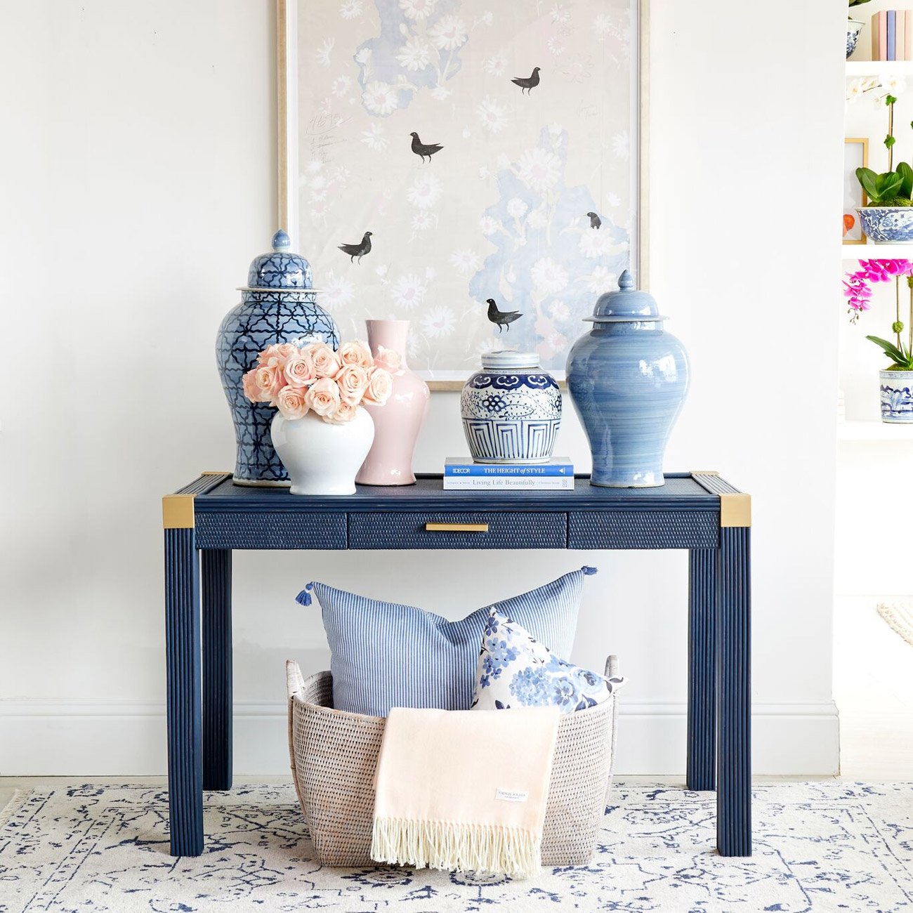 Porcelain Paintbrush Temple Jar on Blue Table