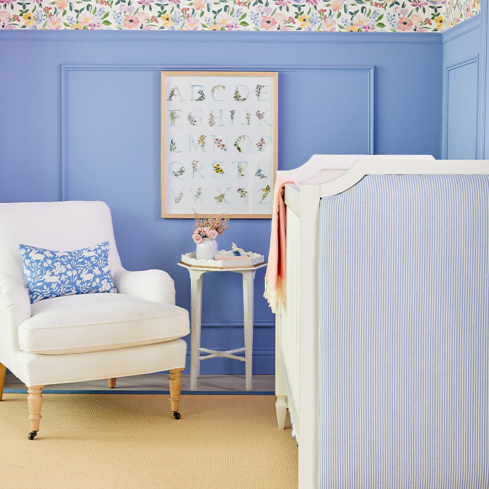 White Brighton Crib with French Blue Fabric Sides in Nursery