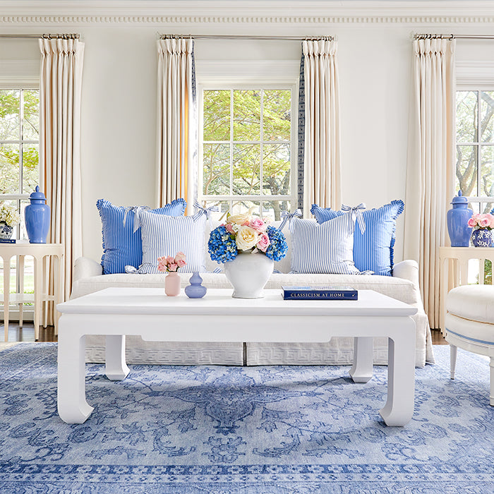 Living Room with Noelle Bow Pillow in French Blue