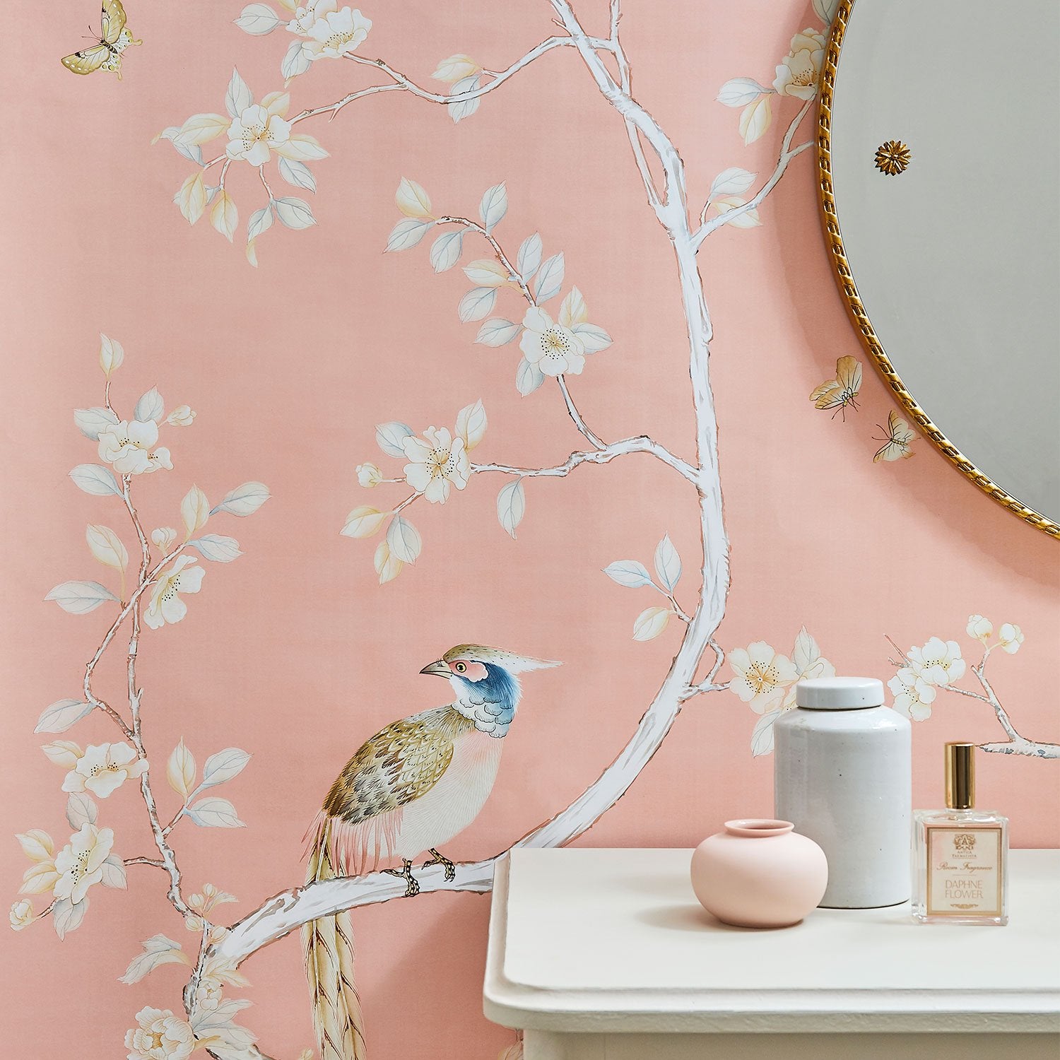 Traditional Chinoiserie Carlisle Wallpaper Mural in Coral in Room